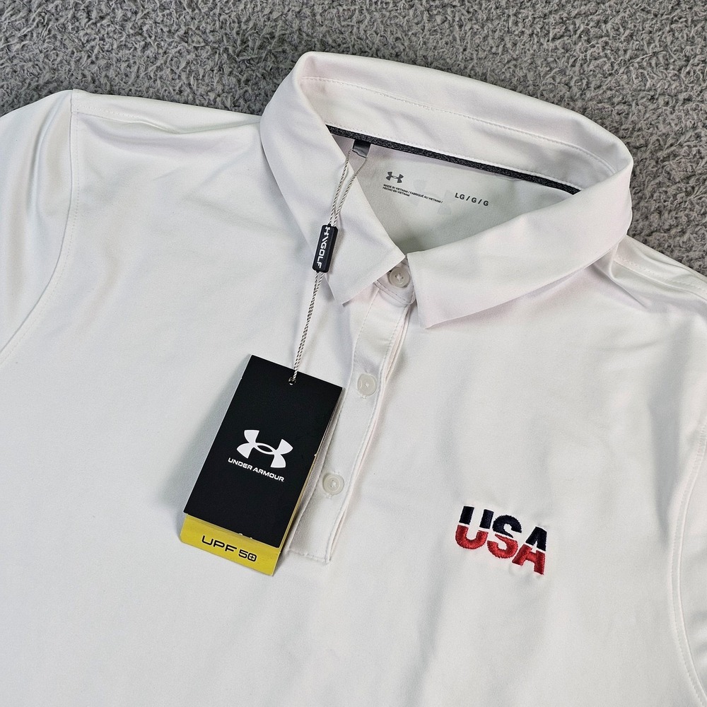 Under Armour Polo Shirt Womens Large White USA‎ Flag Golf UPF 50 Stretch UW0550